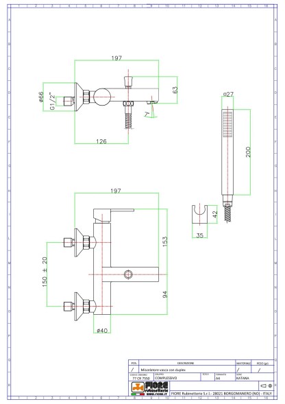 Fiore Katana, однорычажный смеситель для ванны с набором для душа, цвет хром