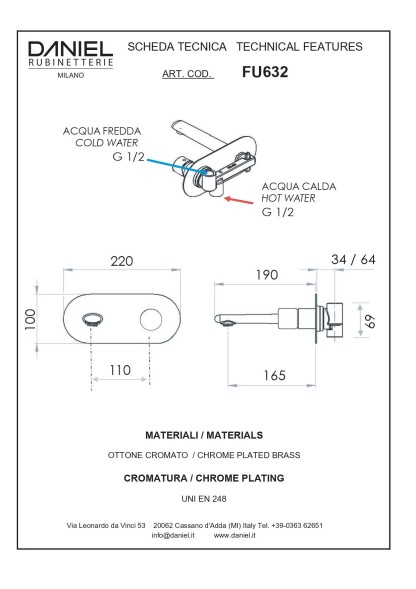 Daniel Fusion, встраиваемый в стену однорычажный смеситель для раковины на панели (излив 16,4 см), без донного клапана, цвет глянцевый черный хром