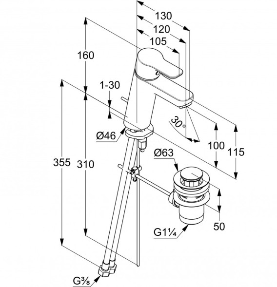 Смеситель KLUDI PURE&amp;EASY XL 371900565 для раковины на одно отверстие однорычажный с донным клапаном