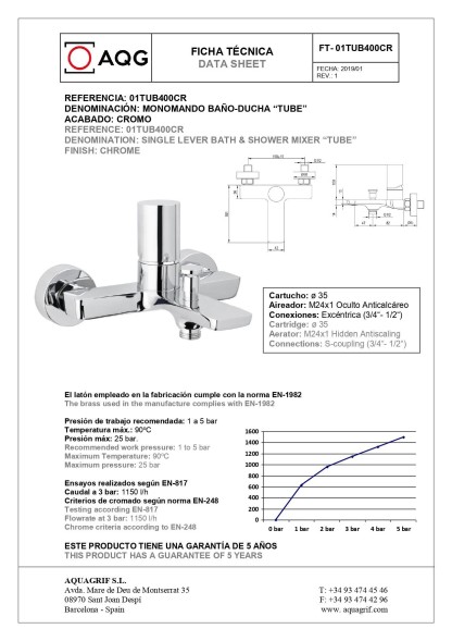 AQG Tube, однорычажный смеситель для ванны (излив 16,3 см), c набором для душа SET-I, цвет хром
