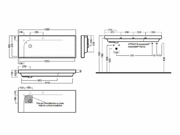 Раковина HATRIA GRANDANGOLO Y0XT01 подвесная или на тумбу с одним отверстием с переливом цвет белый