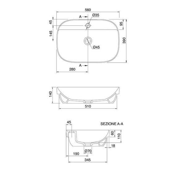 Раковина Scarabeo GLAM полувстраиваемая без перелива с одним отверстием цвет черный матовый 1810 49