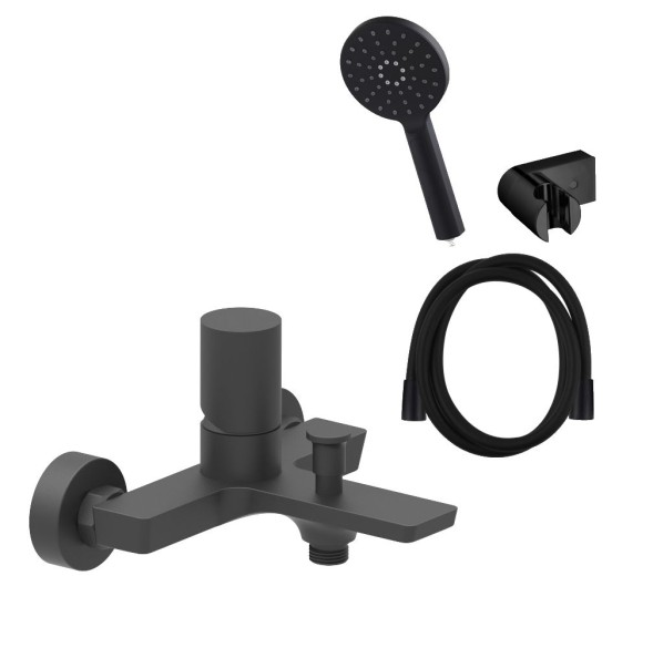 AQG Tube, однорычажный смеситель для ванны (излив 16,3 см), c набором для душа SET-O, цвет черный матовый