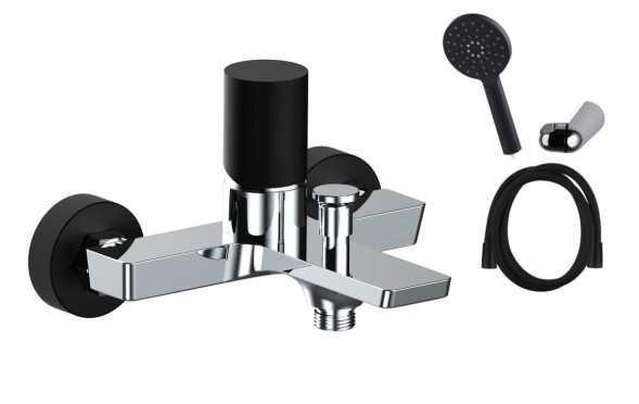 AQG Tube, однорычажный смеситель для ванны (излив 16,3 см), c набором для душа SET-Q, цвет хром-черный матовый