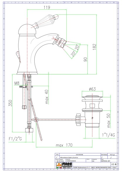 Fiore Imperiale Sky, однорычажный смеситель для биде h18.2 см, c донным клапаном, цвет бронза - Swarovski