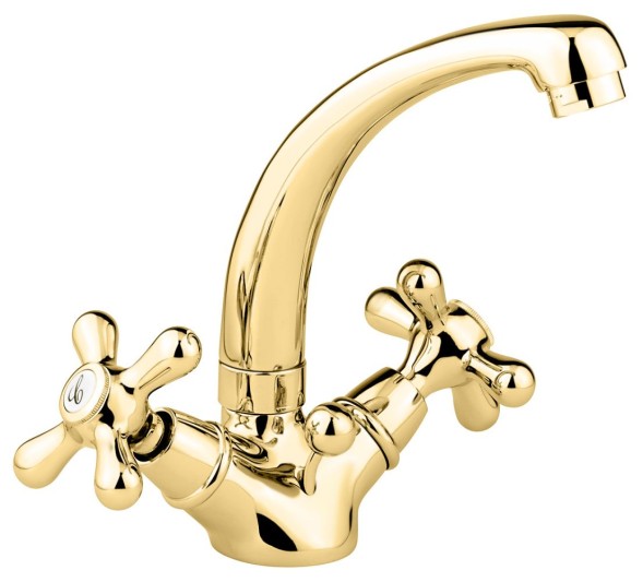 Emmevi Deco Classic, двухвентильный смеситель для раковины (излив 13 см), с донным клапаном, цвет золото 12913/OR