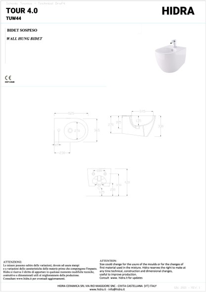 Hidra Tour 4.0, подвесное биде c крепежом, 52,5x36,5x33h см, цвет белый глянцевый
