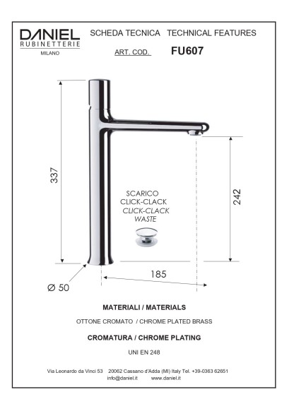 Daniel Fusion, высокий однорычажный смеситель для раковины (излив 18,5 см), с донным клапаном click-clack, цвет хром