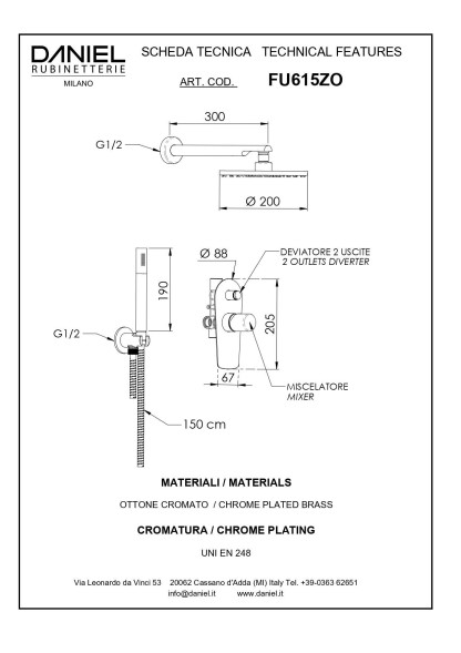 Daniel Fusion, душевой комплект на 2 потребителя, с кронштейном 30 см и круглым верхним душем 20 см, цвет глянцевая медь