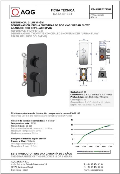 AQG Urban Flow, встраиваемый смеситель для душа на 2 выхода, с дивертером, цвет матовое золото (PVD)