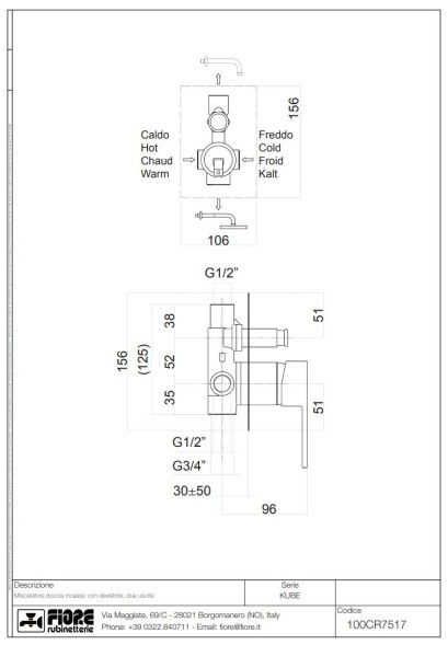 Fiore Kube, встраиваемый в стену однорычажный смеситель для душа на 2 выхода, цвет черный матовый