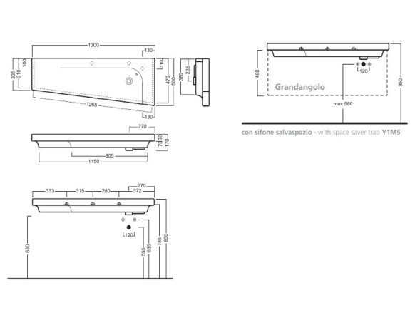 Раковина HATRIA GRANDANGOLO YXF601 подвесная или на тумбу с одним отверстием с переливом цвет белый