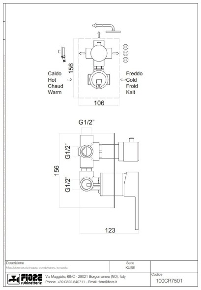 Fiore Kube, встраиваемый в стену однорычажный смеситель для душа на 3 выхода, цвет золото