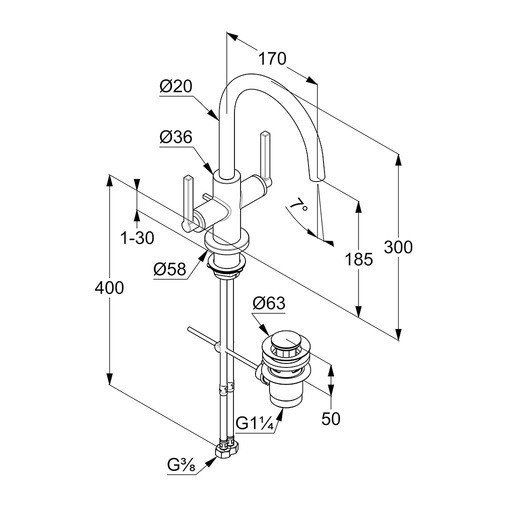Смеситель KLUDI NOVA FONTE Puristic 20118N515 для раковины на одно отверстие двухвентильный с донным клапаном