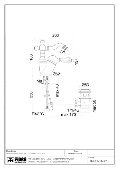 Fiore Imperiale Sky, однорычажный смеситель для биде h18.3 см, c донным клапаном, цвет хром - Swarovski