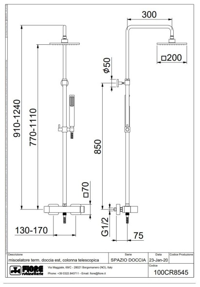 Fiore Kube, душевая колонна, регулируемая по высоте 91-124 см: с квадратным верхним душем 20х20 см и смесителем, цвет хром