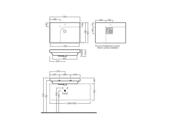 Раковина HATRIA GRANDANGOLO YXF801 подвесная или на тумбу с одним отверстием с переливом цвет белый