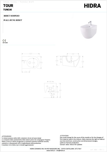 Hidra Tour, подвесное биде c крепежом, 52x35,5x33h см, цвет белый матовый