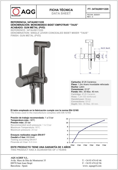 AQG, комплект гигиенического душа TAUS со смесителем на холодную и горячую воду, цвет оружейная сталь (PVD)