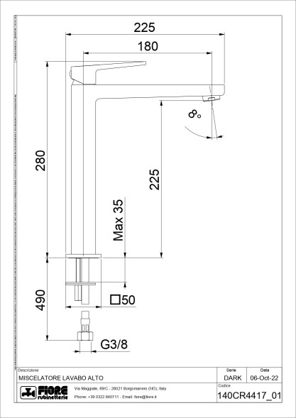Fiore Dark, высокий однорычажный смеситель для раковины (излив 18 см), без донного клапана, цвет хром