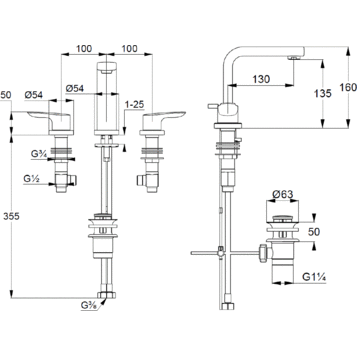Смеситель KLUDI PURE&amp;SOLID 343940575 для раковины на три отверстия двухвентильный