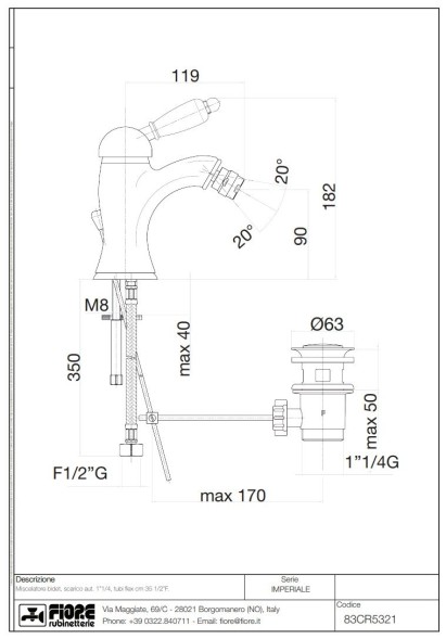 Fiore Imperiale, однорычажный смеситель для биде h18.2 см, c донным клапаном, цвет хром