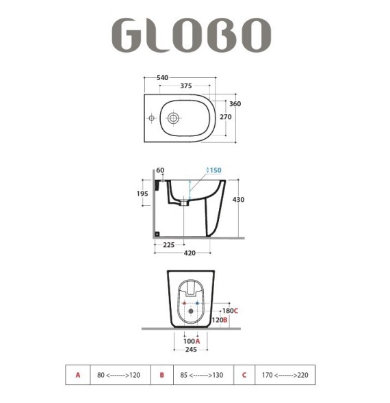 Биде GLOBO LALITA Напольное приставное с одним отверстием цвет белый LT009BI
