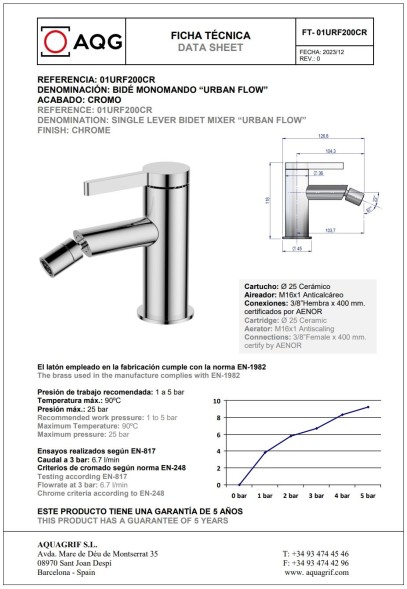AQG Urban Flow, однорычажный смеситель для биде без донного клапана, цвет хром