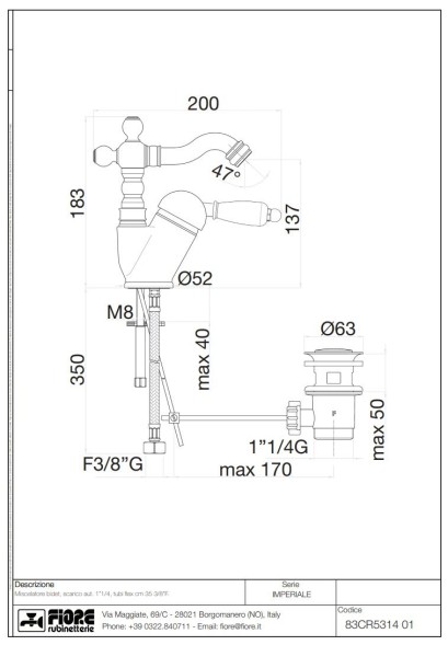 Fiore Imperiale, однорычажный смеситель для биде h18.3 см, c донным клапаном, цвет бронза