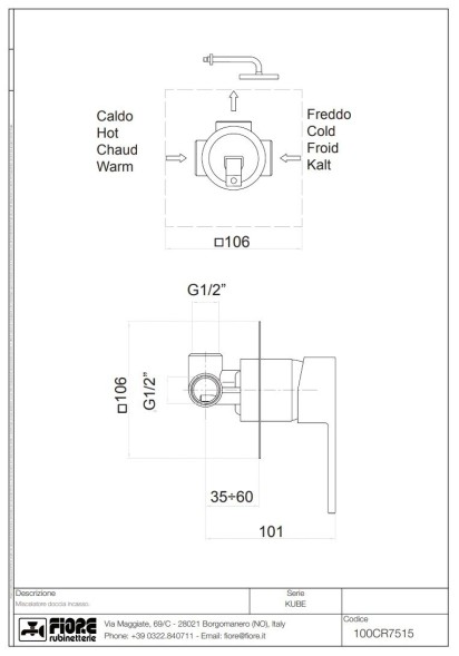 Fiore Kube, встраиваемый в стену однорычажный смеситель для душа, цвет черный матовый