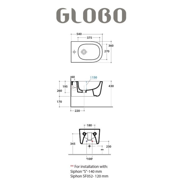 Биде GLOBO LALITA подвесное с одним отверстием цвет белый LTS09BI