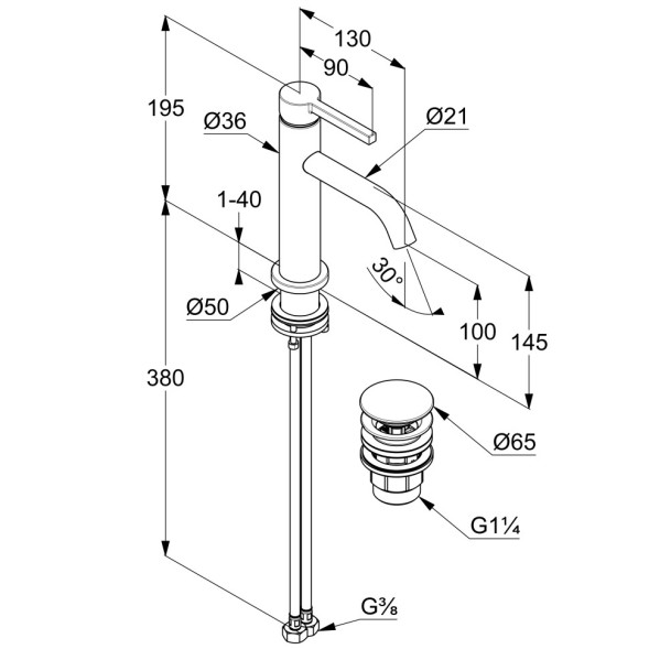 KLUDI NOVA FONTE Pura, однорычажный смеситель на умывальник 100, EcoPlus арт. 20289N515