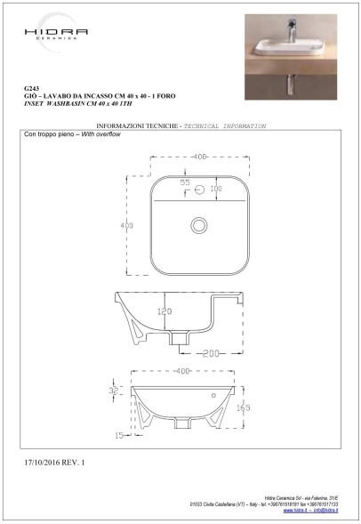 Hidra Gio,  встраиваемая квадратная раковина с закругленными краями 40x40x16,5h см, цвет черный матовый