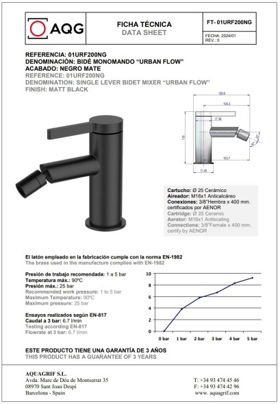 AQG Urban Flow, однорычажный смеситель для биде без донного клапана, цвет черный матовый