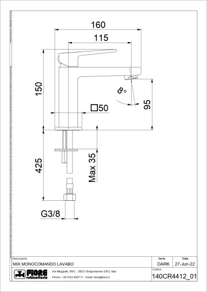 Fiore Dark, однорычажный смеситель для раковины (излив 11,5 см), без донного клапана, цвет черный матовый