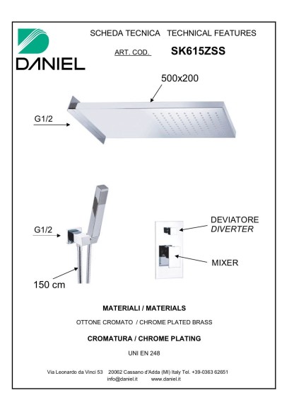 Daniel Skyline, душевой комплект на 2 потребителя, с консольной душевой головкой 50x20 см, 1 режим: дождь, цвет хром