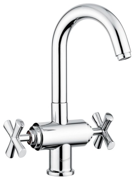 Emmevi Spirit New, двухвентильный смеситель для раковины (h30 см, поворотный излив 14 см), с донным клапаном, цвет брашированное золото 31003/ORS