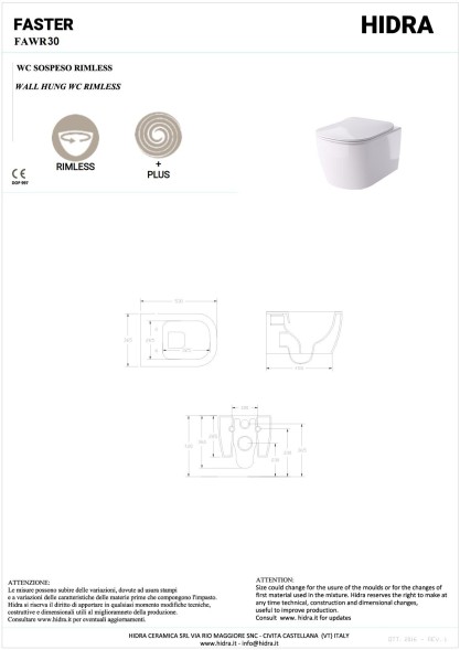 Hidra Faster, подвесной унитаз 53x36,5 см, торнадо, антибактериальное покрытие, с сиденьем, цвет белый глянцевый