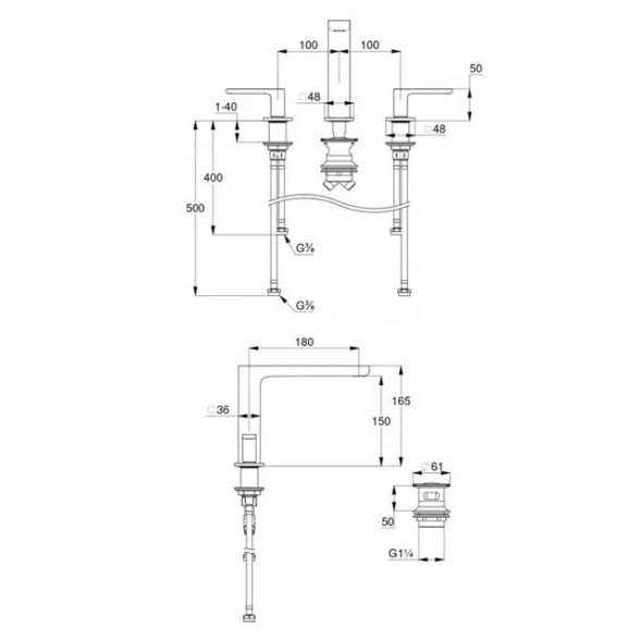 Смеситель KLUDI RENON 42393N075 для раковины на три отверстия двухвентильный