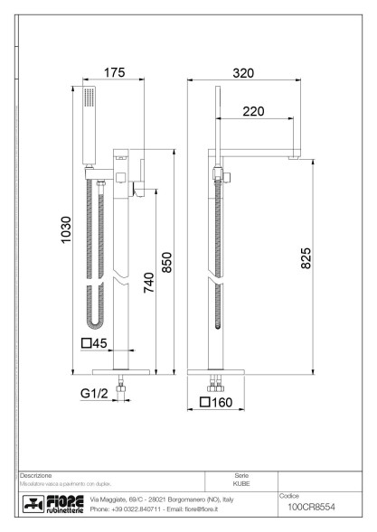 Fiore Kube, однорычажный напольный смеситель для ванны (излив 22 см), с набором для душа, цвет золото