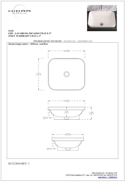 Hidra Gio,  встраиваемая прямоугольная раковина с закругленными краями 43x37x15h см, цвет белый матовый