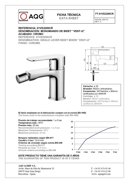 AQG VENT-i2, однорычажный смеситель для биде без донного клапана, цвет хром