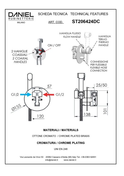 Daniel Suvi, комплект гигиенического душа с термостатом, цвет хром