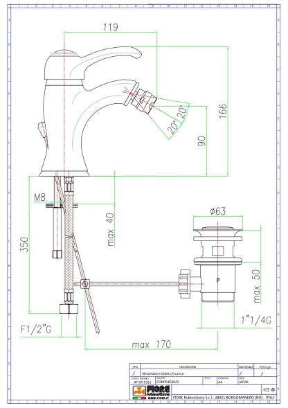 Fiore Jafar, однорычажный смеситель для биде h18.2 см, c донным клапаном, цвет хром