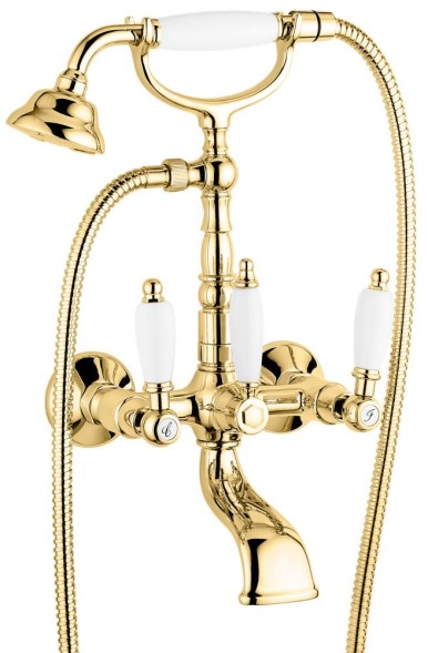 Emmevi Deco Ceramic, двухрычажный смеситель для ванны (излив 14 см), с набором для душа, цвет золото 121611/OR
