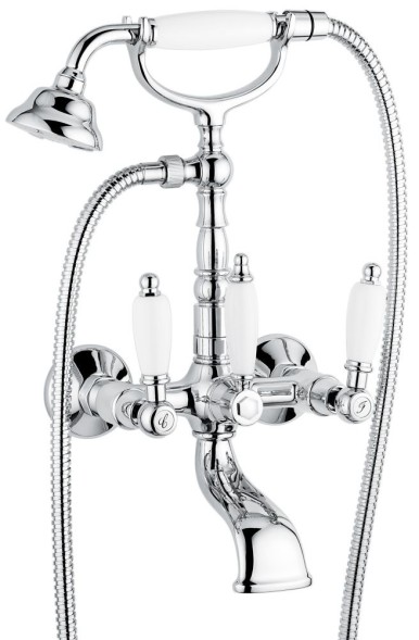 Emmevi Deco Ceramic, двухрычажный смеситель для ванны (излив 14 см), с набором для душа, цвет хром 121611/CR