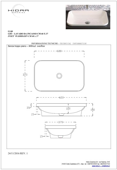 Hidra Gio,  встраиваемая прямоугольная раковина с закругленными краями 60x37x15h см, цвет черный матовый