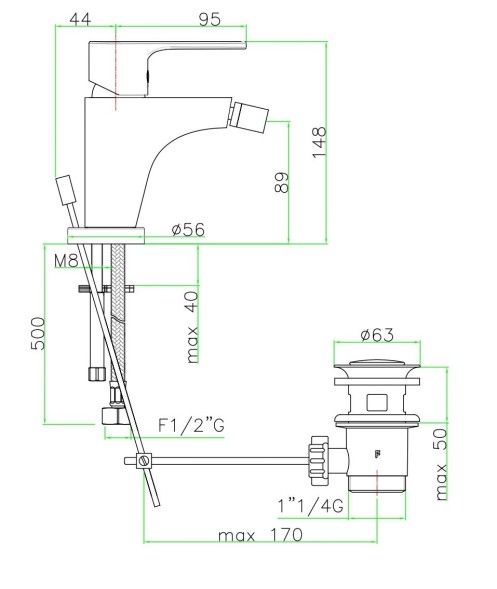 Fiore Kera, однорычажный смеситель для биде с донным клапаном, цвет хром