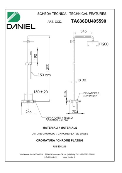 Daniel Tiara, душевая колонна не регулируемая по высоте, c изливом и квадратным верхним душем 20х20 см, цвет черный матовый