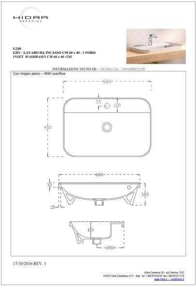 Hidra Gio,  встраиваемая прямоугольная раковина с закругленными краями 60x40x16,5h см, цвет белый глянцевый
